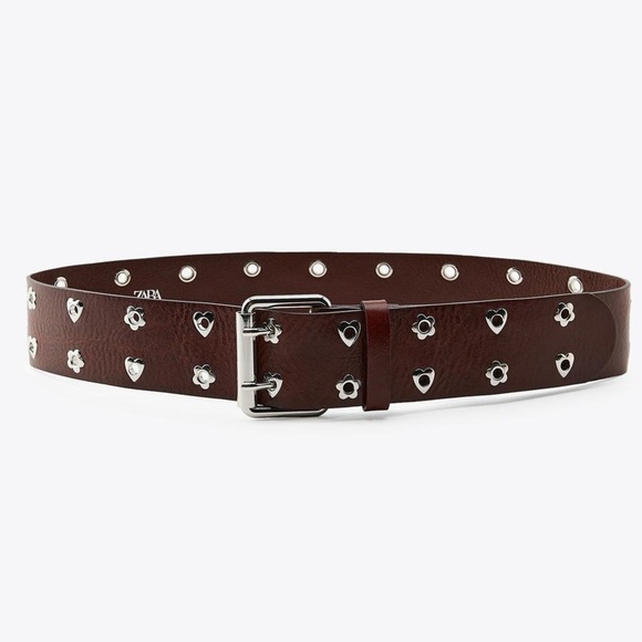 Zara LEATHER HEARTS AND FLOWERS BELT‎ Dark Brown Belt with Silver Details main image 7